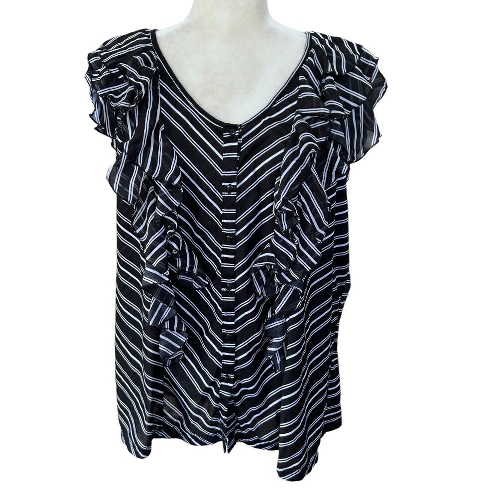 French Laundry Top Women Ruffle Button Down Stripe Black White Plus Size 18 / 20